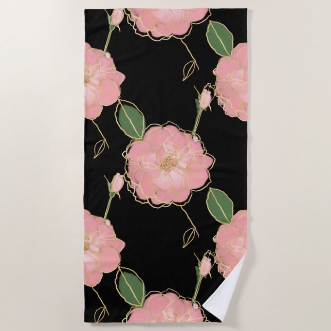 Elegant Pink & Gold Watercolor Roses Black Design Beach Towel (Front)