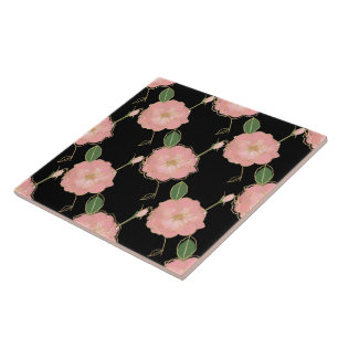 Elegant Pink & Gold Watercolor Roses Black Design Tile