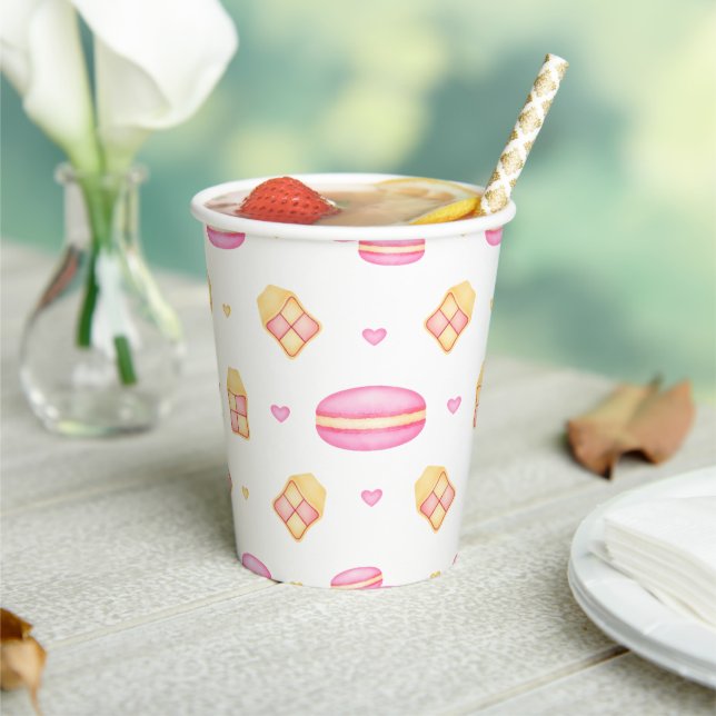 Elegant Pink & Gold Watercolour Pastel Macaroons Paper Cups (Insitu)