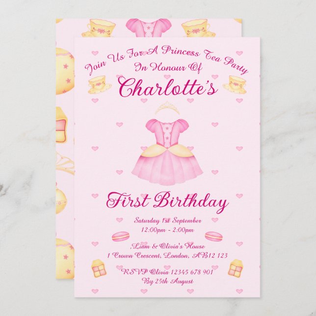 Elegant Pink & Gold Watercolour Princess Tea Party Invitation (Front/Back)