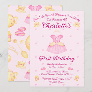 Elegant Pink & Gold Watercolour Princess Tea Party Invitation