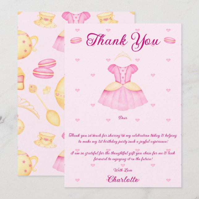 Elegant Pink & Gold Watercolour Princess Tea Party Thank You Card (Front/Back)