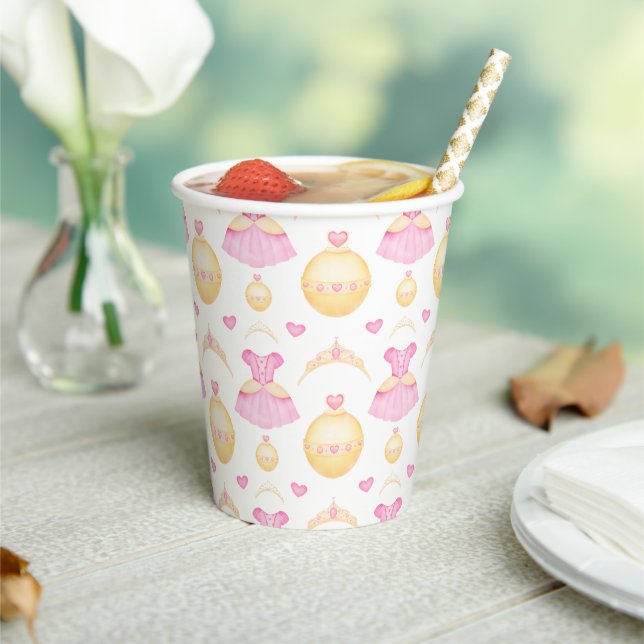 Elegant Pink & Gold Watercolour Princess Tiara Paper Cups (Insitu)