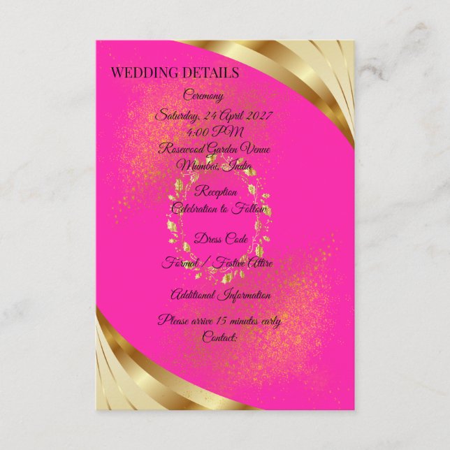 Elegant Pink & Gold Wedding Details Card (Front)