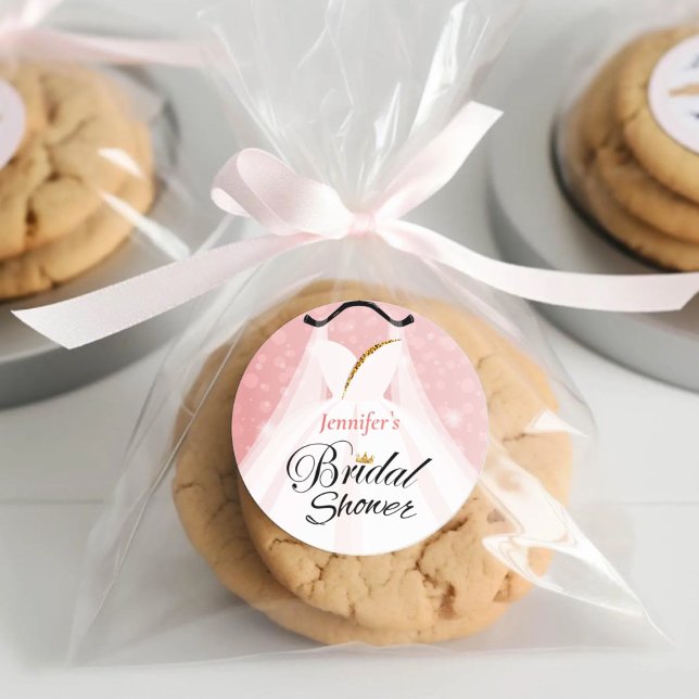 Elegant Pink & Gold Wedding Dress Bridal Shower Classic Round Sticker (Dridal Shower Favor Sticker)