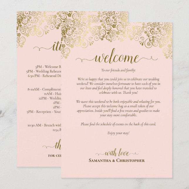 Elegant Pink & Gold Wedding Welcome & Itinerary Programme (Front/Back)