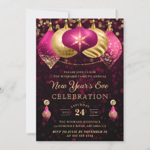 Elegant Pink & Gold Winter Baubles New Year's Eve Invitation