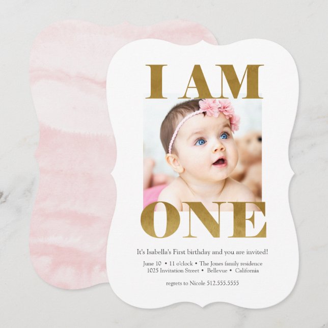 Elegant Pink + Gold with Photo 1st Birthday Invitation (Front/Back)