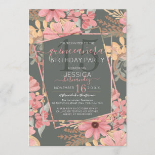 Elegant Pink Golden Sage Flowers Leaf Quinceañera Invitation