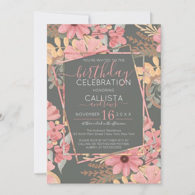 Elegant Pink Golden Sage Flowers Leaves Birthday Invitation (Front)