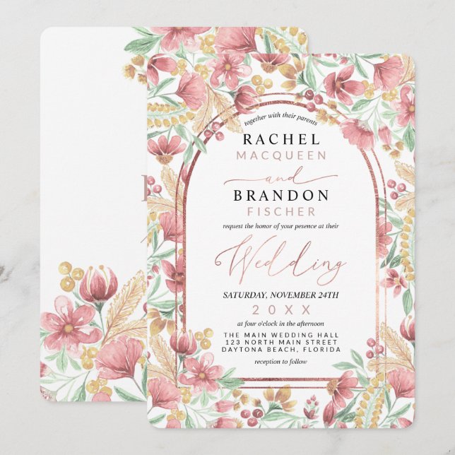 Elegant Pink Golden Yellow Floral Arch Wedding Invitation (Front/Back)