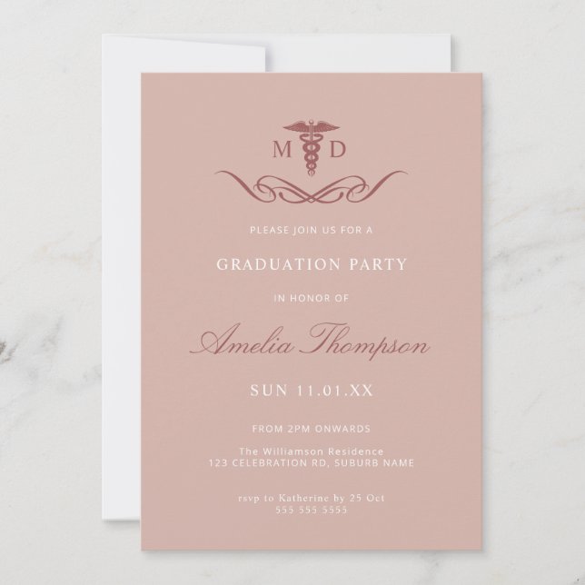 Elegant Pink Grad Party Medical Doctor Graduation Invitation (Front)