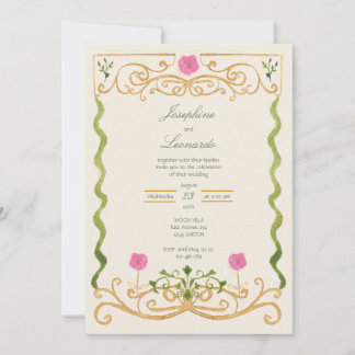 Elegant Pink Green and Gold Hand-Drawn Watercolor Invitation