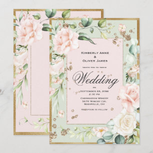 Elegant Pink Green Blush Floral Wedding Invitation