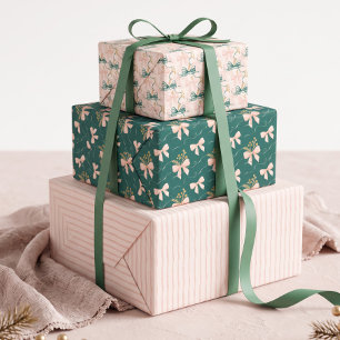 Elegant Pink & Green Bow Watercolor Christmas Wrapping Paper Sheet