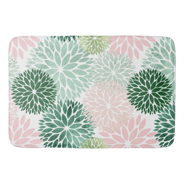 Elegant Pink Green Dahlia Floral Bath Mat (Front)