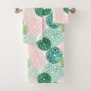 Elegant Pink Green Dahlia Floral Bath Towel Set
