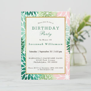 Elegant Pink Green Dahlia Floral Birthday Party Invitation