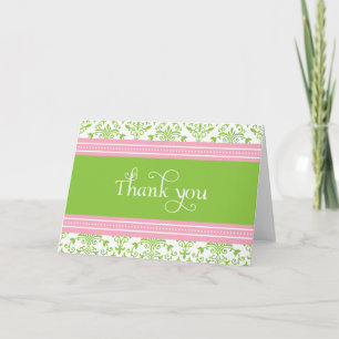 Elegant Pink & Green Damask Thank You Card