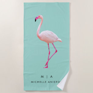 Elegant Pink green Flamingo   Monogram Custom Dry  Beach Towel