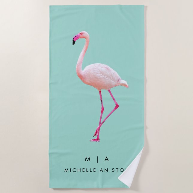 Elegant Pink green Flamingo | Monogram Custom Dry  Beach Towel (Front)