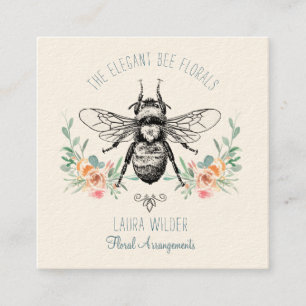Elegant Pink Green Floral Bee Florist Square Business Card