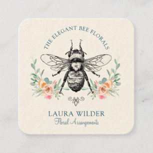 Elegant Pink Green Floral Bee Florist Square Business Card