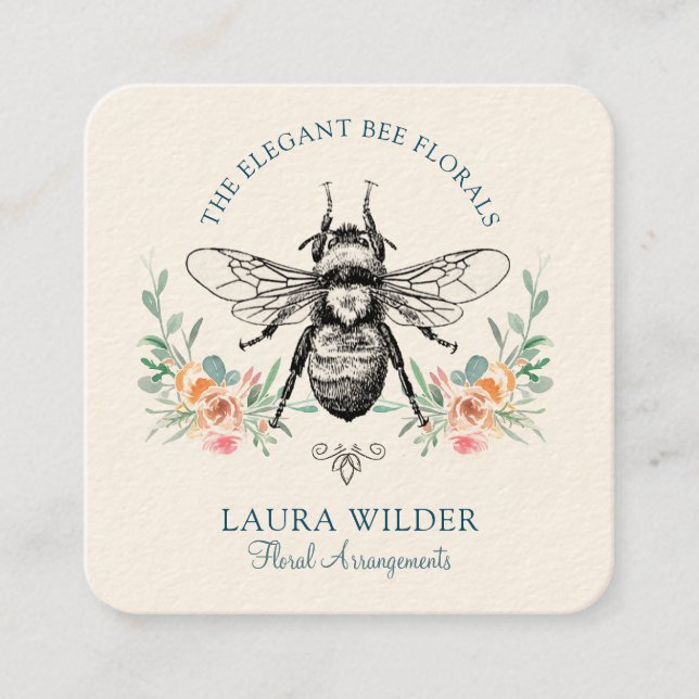 Elegant Pink Green Floral Bee Florist Square Business Card (Front)