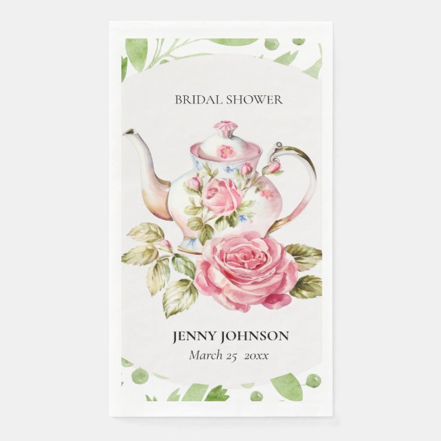 Elegant Pink Green Floral Flowers Bridal Shower Napkin (Front)