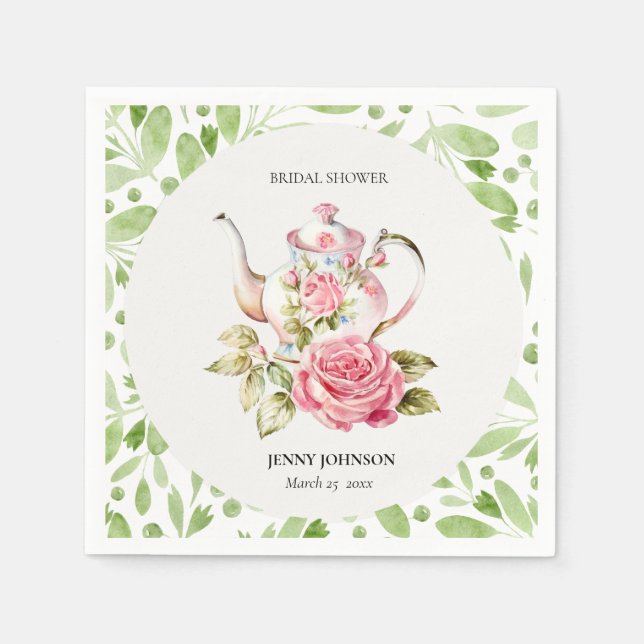 Elegant Pink Green Floral Flowers Bridal Shower Napkin (Front)