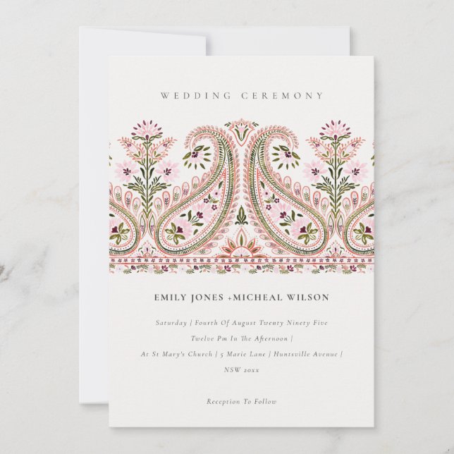 Elegant Pink Green Floral Paisley Motif Wedding Invitation (Front)