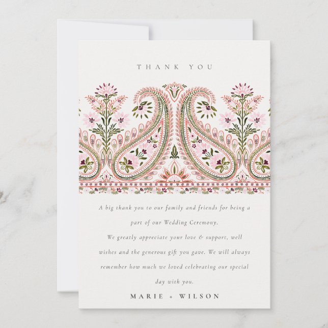 Elegant Pink Green Floral Paisley Motif Wedding Thank You Card (Front)