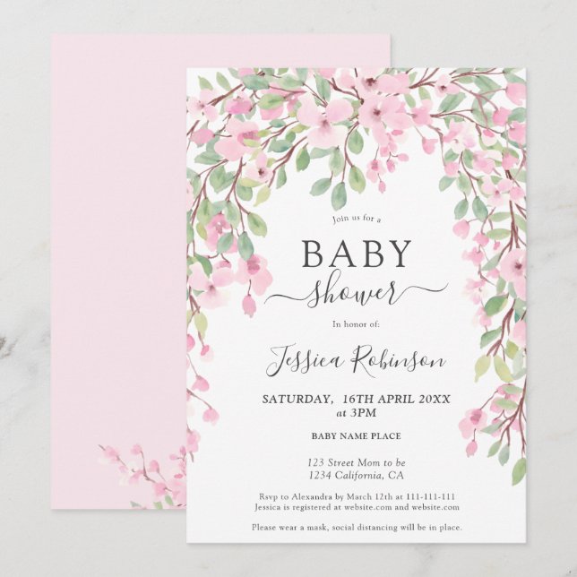 Elegant pink green floral watercolor baby shower invitation (Front/Back)