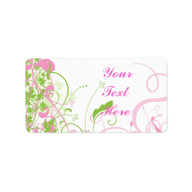 Elegant Pink & Green Florals & Swirls Label (Front)