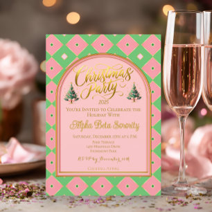 Elegant Pink & Green Harlequin Christmas Party  Invitation