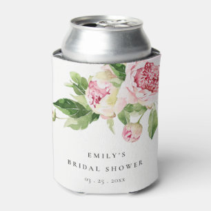 Elegant Pink Green Peony Floral Bridal Shower Can Cooler