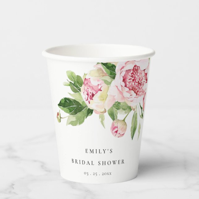 Elegant Pink Green Peony Floral Bridal Shower Paper Cups (Front)