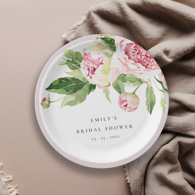 Elegant Pink Green Peony Floral Bridal Shower Paper Plate (Creator Uploaded)