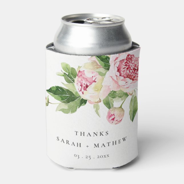 Elegant Pink Green Peony Floral Thanks Wedding  Can Cooler (Can Front)