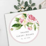 Elegant Pink Green Peony Floral Thanks Wedding Classic Round Sticker<br><div class="desc">If you need any further customisation please feel free to message me on yellowfebstudio@gmail.com.</div>