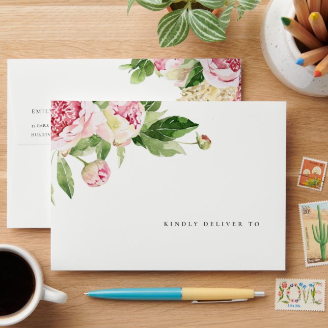 Elegant Pink Green Peony Floral Thanks Wedding Envelope (Desk)
