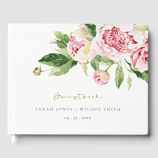 Elegant Pink Green Peony Floral Thanks Wedding Guest Book (Front)