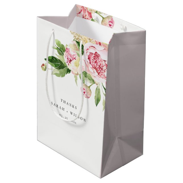 Elegant Pink Green Peony Floral Thanks Wedding Medium Gift Bag (Back Angled)
