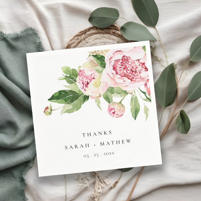 Elegant Pink Green Peony Floral Thanks Wedding  Napkin (Creator Uploaded)
