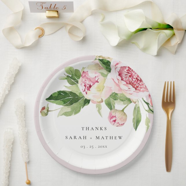 Elegant Pink Green Peony Floral Thanks Wedding Paper Plate (Wedding)