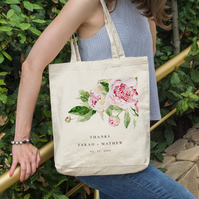 Elegant Pink Green Peony Floral Thanks Wedding Tote Bag (Creator Uploaded)