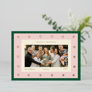 Elegant Pink Green Starry Christmas Family Photo Foil Holiday Card