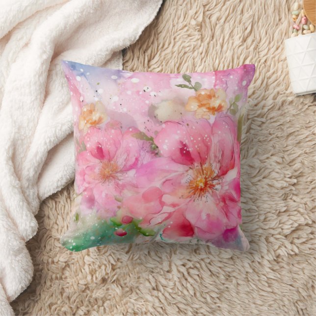 Elegant Pink Green Watercolor Floral  Cushion (Blanket)