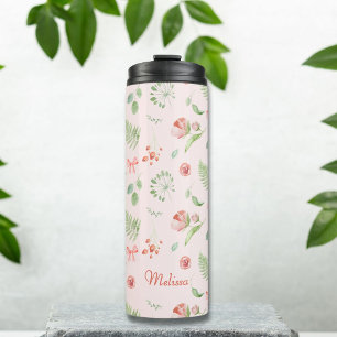 Elegant Pink Green Watercolor Floral Ribbon  Thermal Tumbler