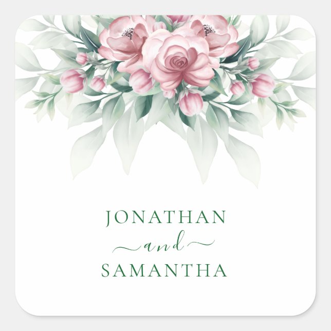 Elegant Pink Greenarry Modern Wedding  Square Sticker (Front)